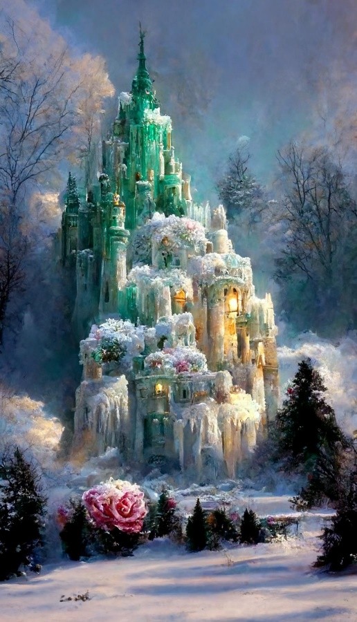 一座翡翠城堡，有冰玫瑰和冰瀑布