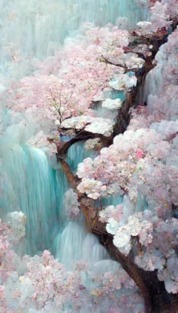 白粉色樱花的瀑布