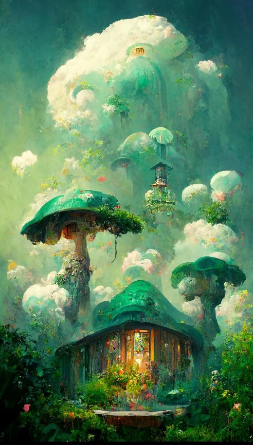 蘑菇屋绿色的光，绿色的天空，绿色的云