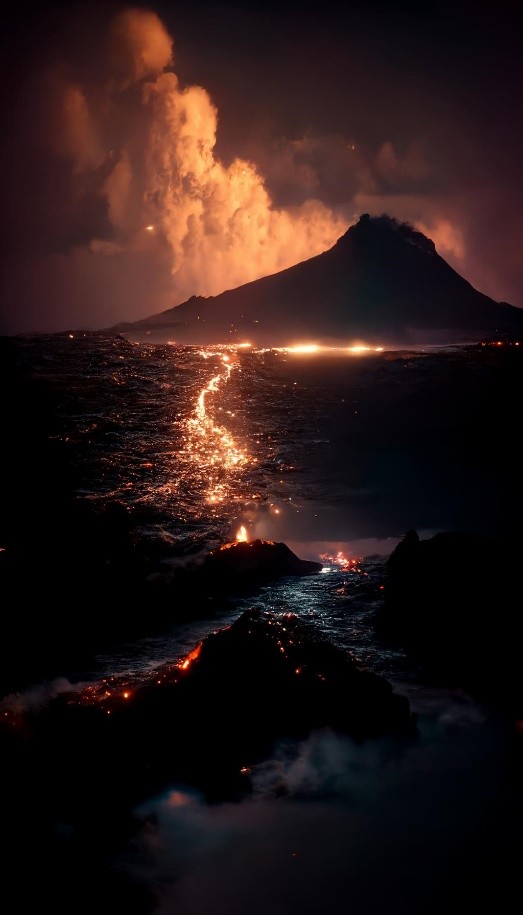 夜晚海浪翻滚火山喷发