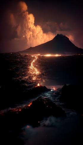 夜晚海浪翻滚火山喷发
