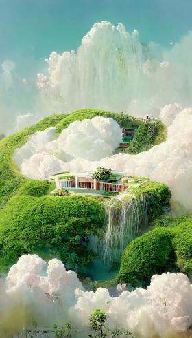 棉花云里的绿色的别墅
