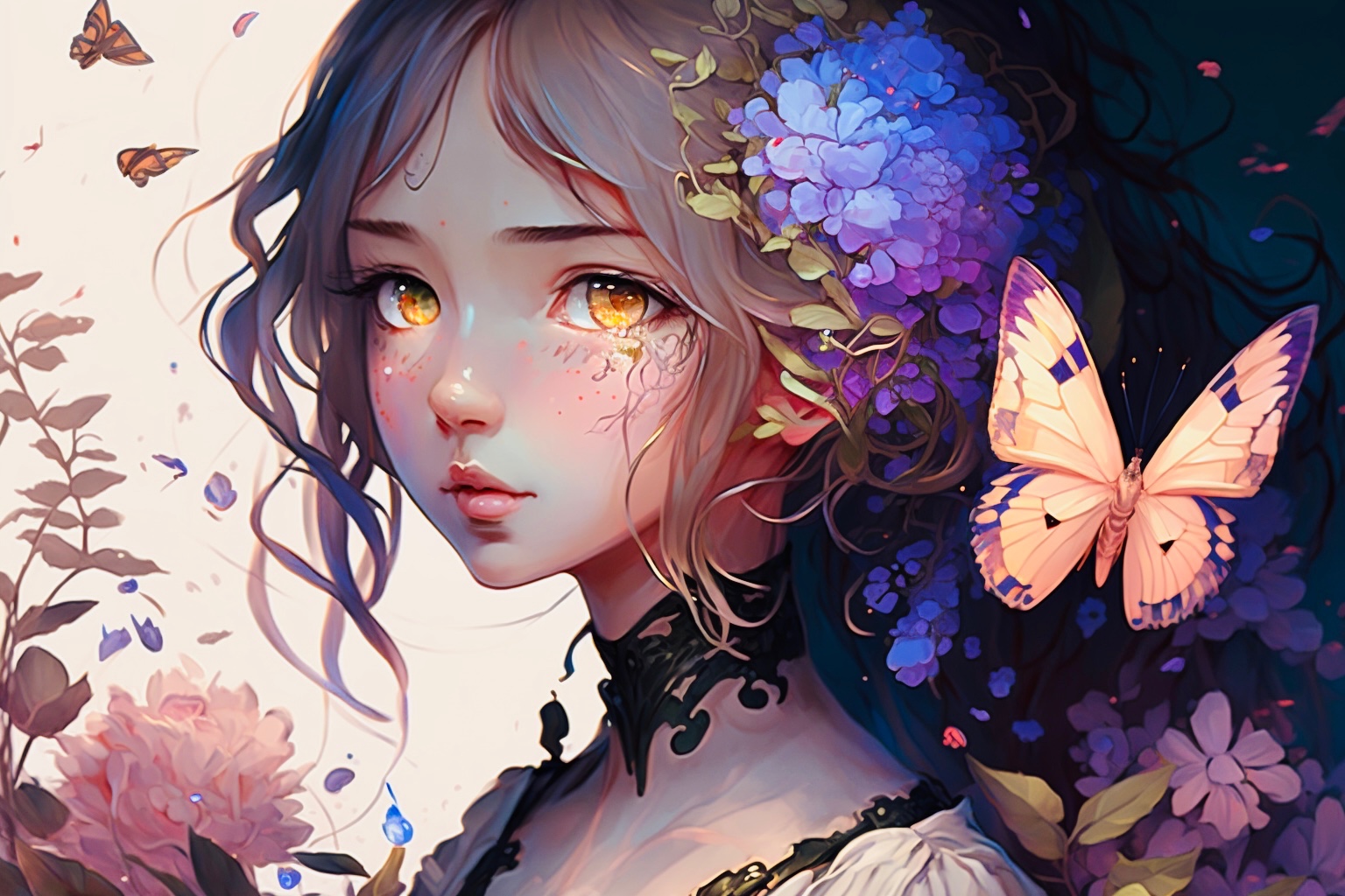 女孩插图•鲜花蝴蝶