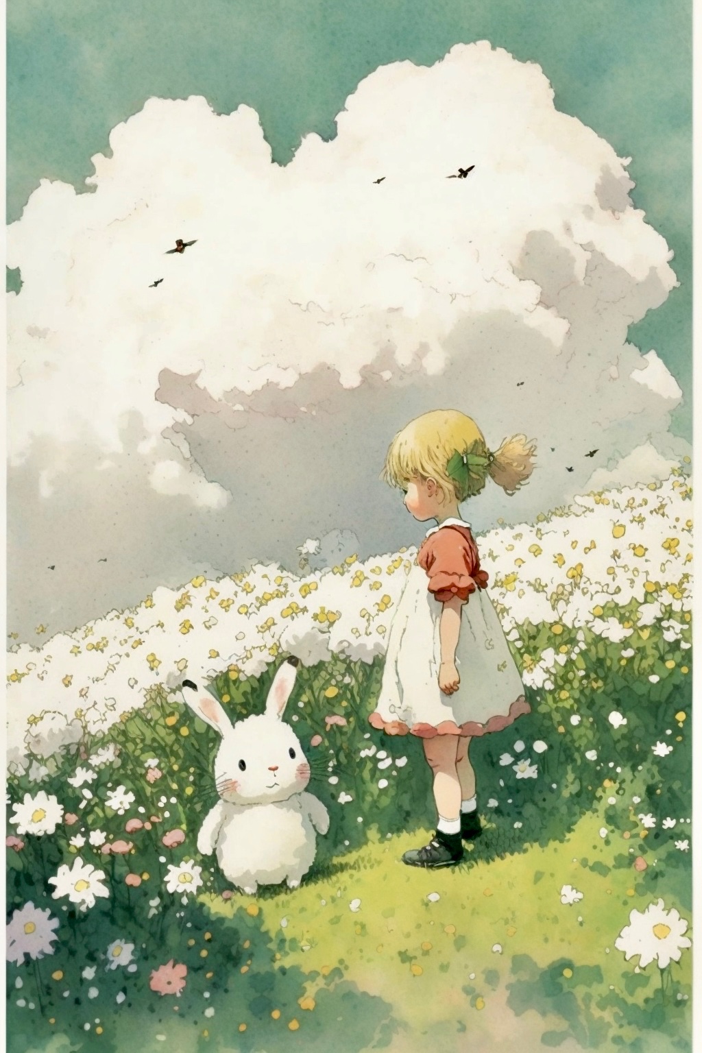 小兔子与小女孩•水彩插画