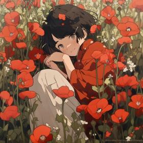 女孩插画•花丛